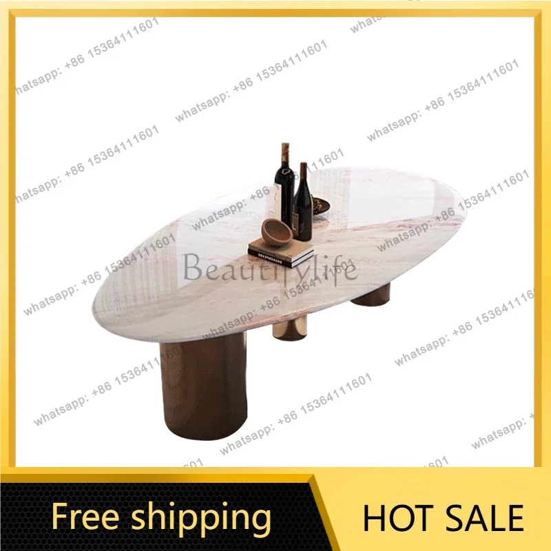YJ Pink Natural Luxury Stone Dining Table Italian Modern Drop Shape Cream Style Rose Jade Marble Dinner Table