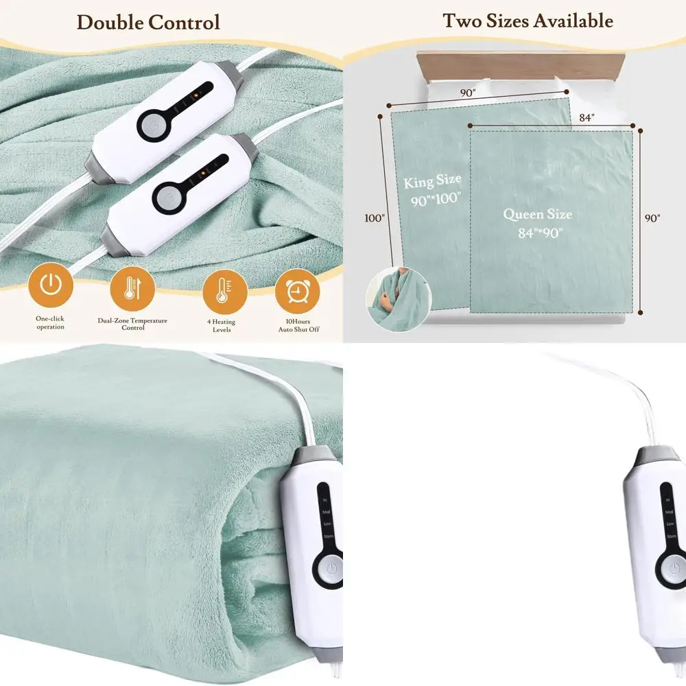 

Queen Size Electric Blanket 84x90, 4 Heat Levels, Dual Controls, 10H Auto-Off, Soft Coral Fleece, Overheat Protection, Mint Gree
