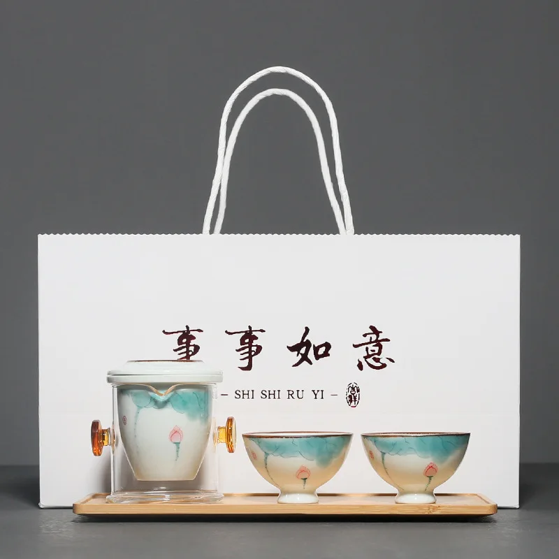 

Ручная роспись лотоса, один горшок, две чашки, набор для заваривания черного чая, портативный керамический чайник, заварка чая, офисный подарок