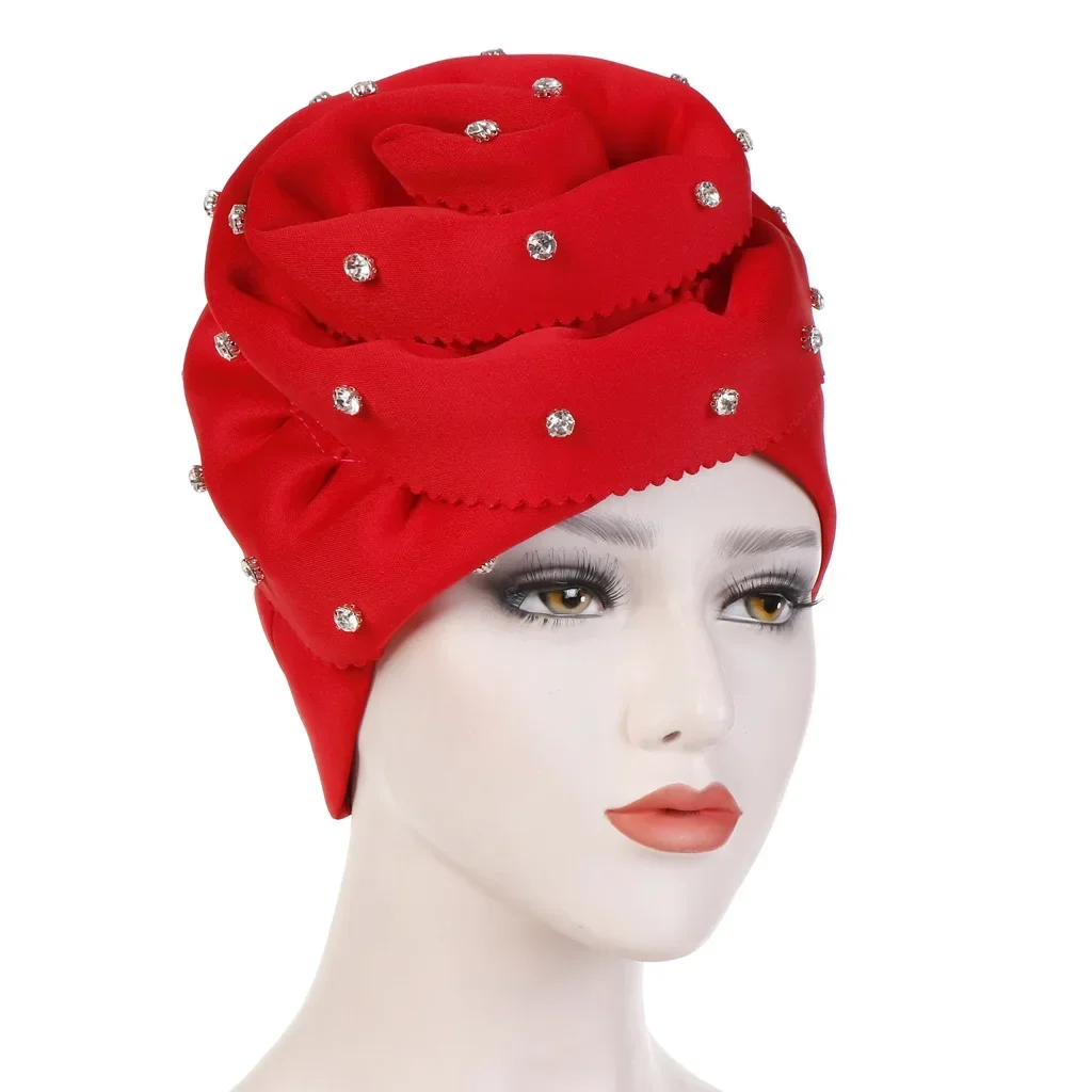 Indian Big Flower Turbans for Diamonda Women Muslim Chemo Cap Head Wrap African Hat Femme Bandana Party Wedding Hair Accessories