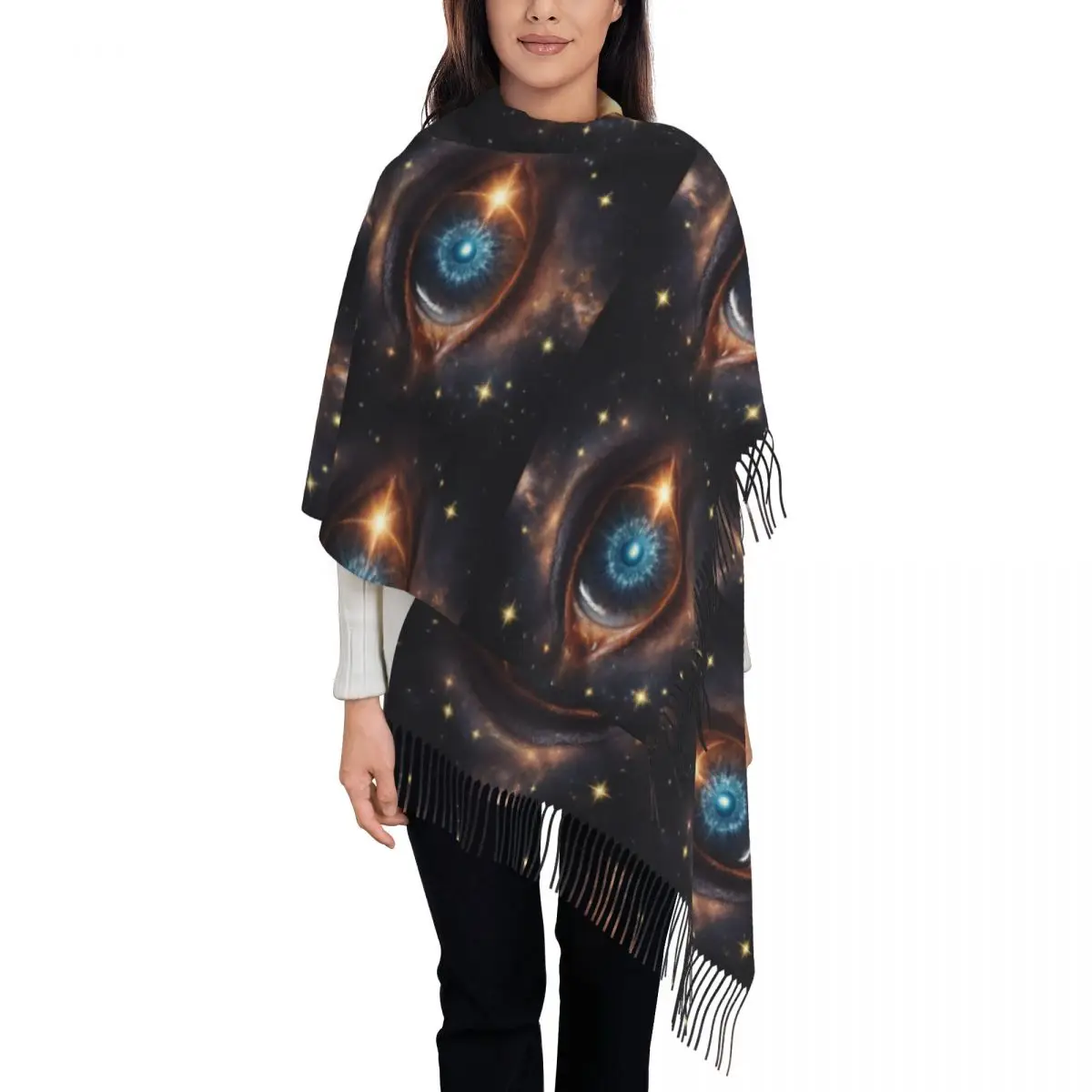 Stars Sun Moon Constellation Planet Eyes Scarf Tassel Scarves for Women Soft Warm Shawls and Wraps Long Fall Winter Shawl Wrap