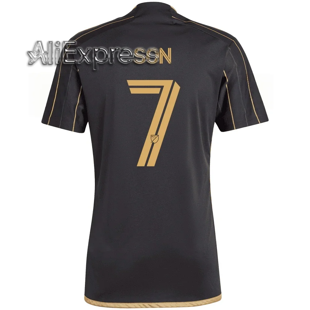 2025 MLS LAFC Home Jersey Sun Xinghui No.7 Jersey para hombre Negro Dorado Secado rápido Transpirable Entrenamiento de fútbol Versión para fanáticos