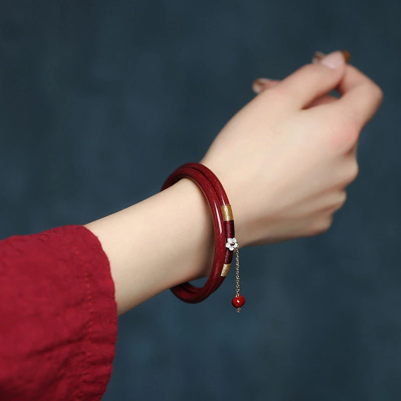 1/2 stücke Trendy Blume Charme Zinnober Rot Armreifen Luxus Frauen Armreifen Jade Armband Nationalen Stil Chinesischen Stil Schmuck