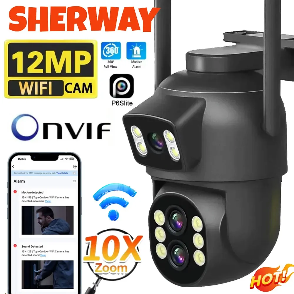 12MP Dual Lens WiFi Camera Outdoor 10x Zoom 4K Dual Screen PTZ Camera PIR Auto Tracking Security-protection Video Surveillance