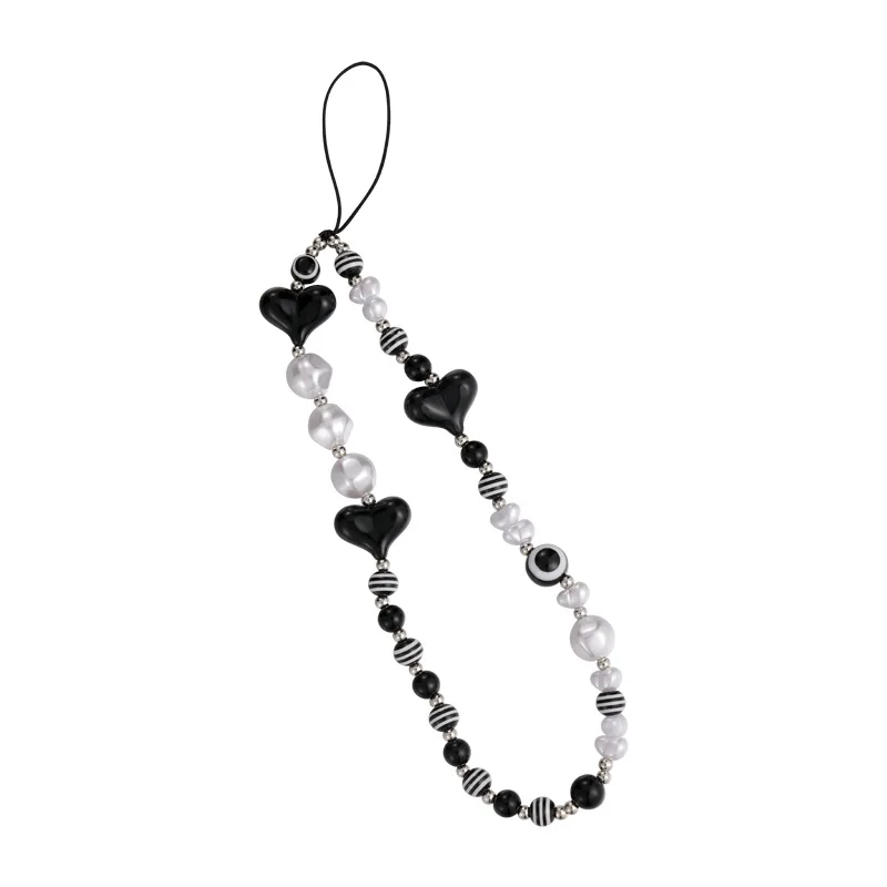 Black Beaded Mobile Phone Charm Ins Stringed Pearls Love Phone Lanyard Short Carrying Strap Drop-Resistant Phone Ornaments