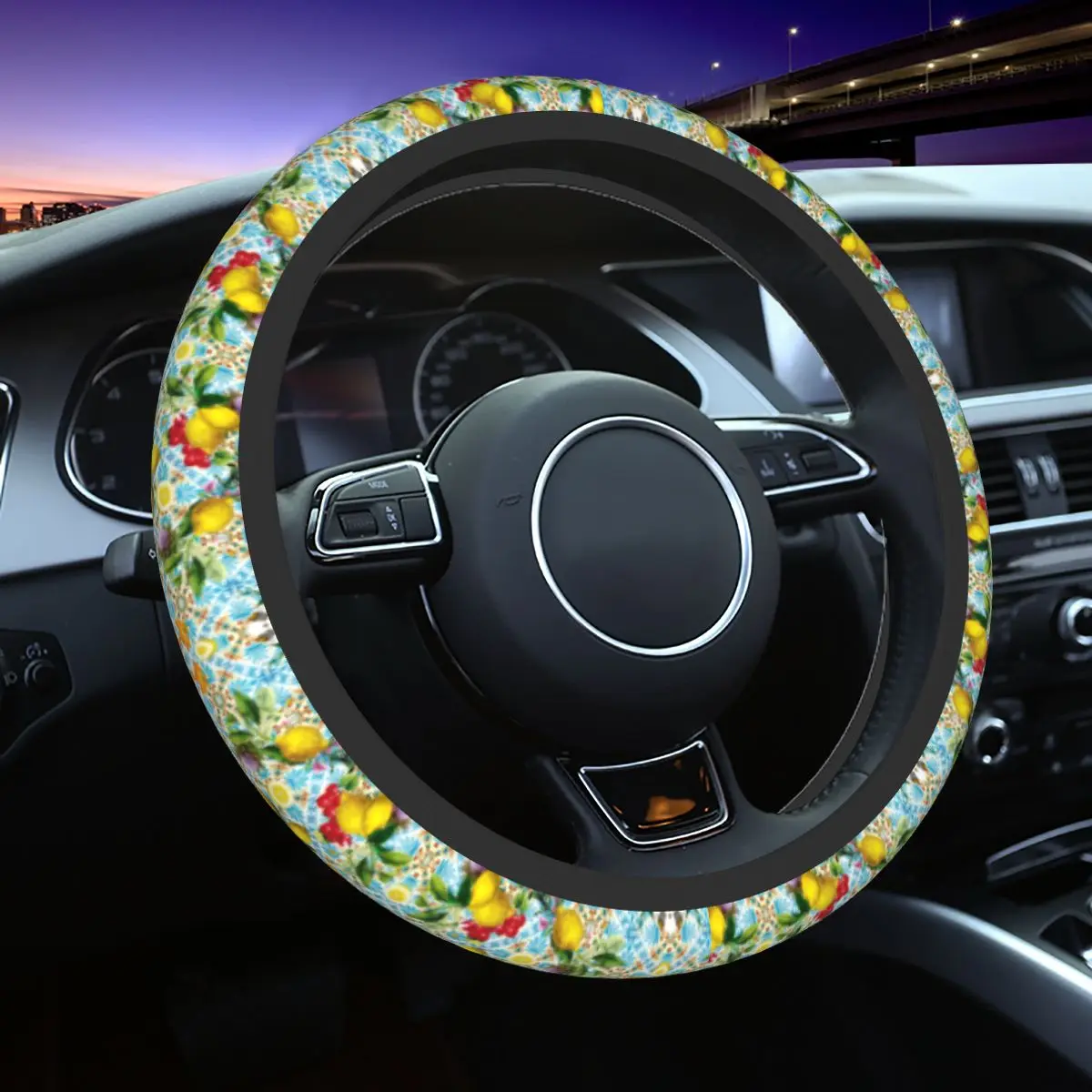 Sicilian Lemons Romantic Tiles Steering Wheel Cover Citrus Fruit Painting Car Steering Wheel Protector 15 Inch Auto Accessories