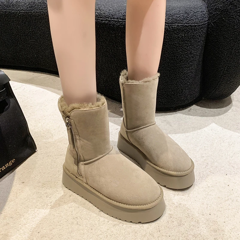 Women's Flat Snow Boots Winter New Suede Side Zipper Non-slip Wear Comfortable Thick Sole Moderate Boots