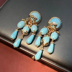 Women Vintage Turquoise Tassel S925 Real Gold Plated Drop Earrings 2024