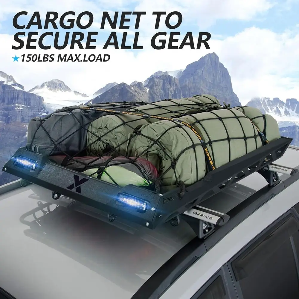 Streamlined 55x41 Heavy-Duty Roof Cargo Basket with LED Lights and Cargo Net, 150 lbs Capacity for Cars, SUVs, and Vans