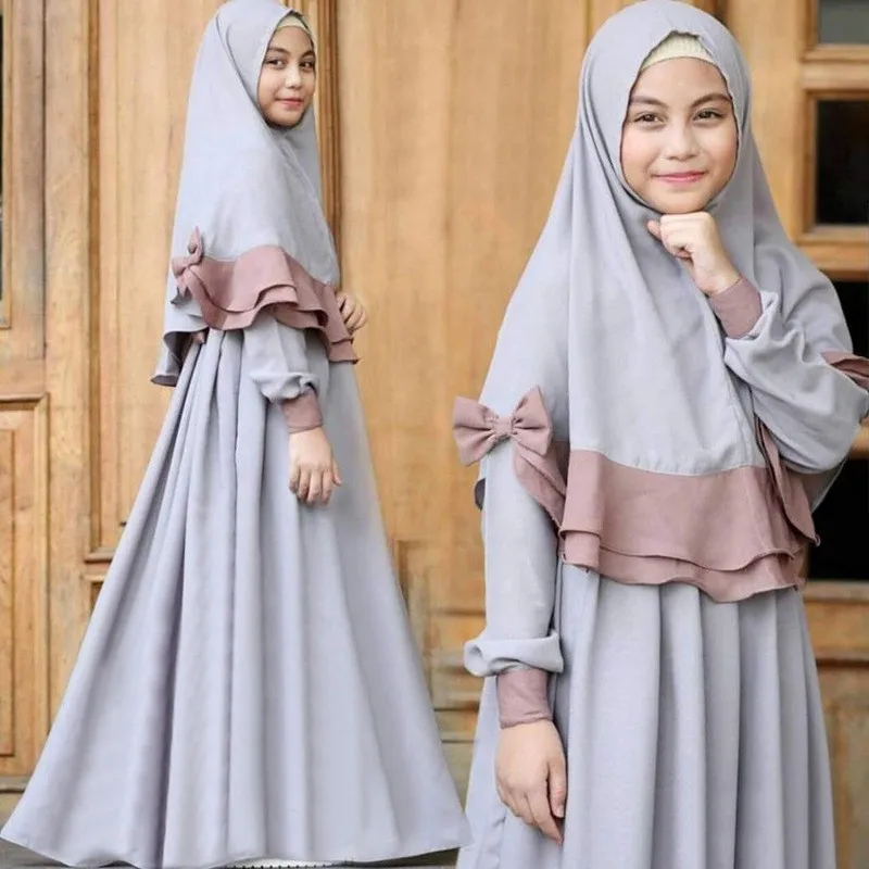Wholesale Islamic Clothing Eid Kids Dress 2 Piece Set Full Sleeve O-neck Children Hijab Dress Abaya Muslim Girls Kids Abaya Set