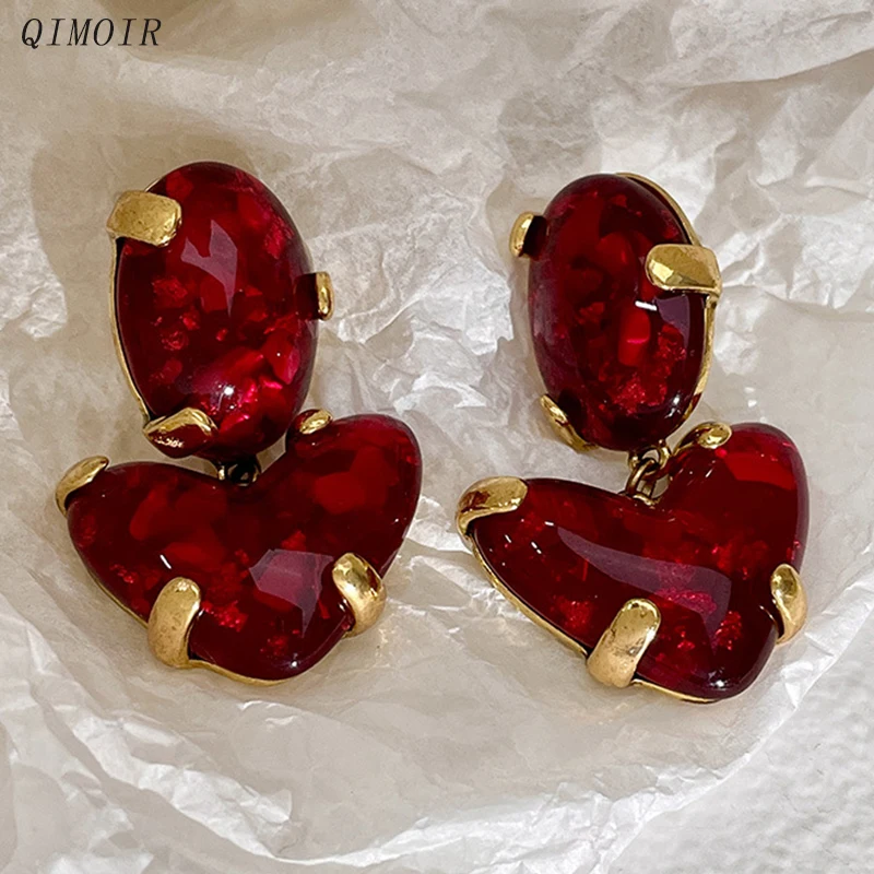 Red Heart Metal Vintage Post Drop Earrings For Women Elegant Dangle Party Accessories Fashion Jewelry Designer New Styles C1487