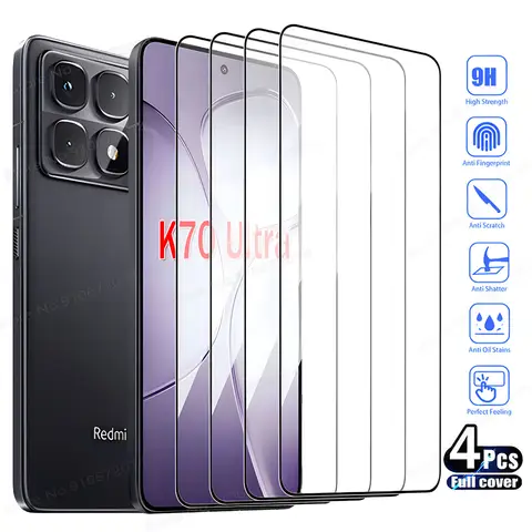 4PCS Protective Glass For Xiaomi Redmi K70 Ultra Screen Protectors Tempered Film Redmi K70E K60 K50 Ultra K40 Gaming K30 K20 Pro