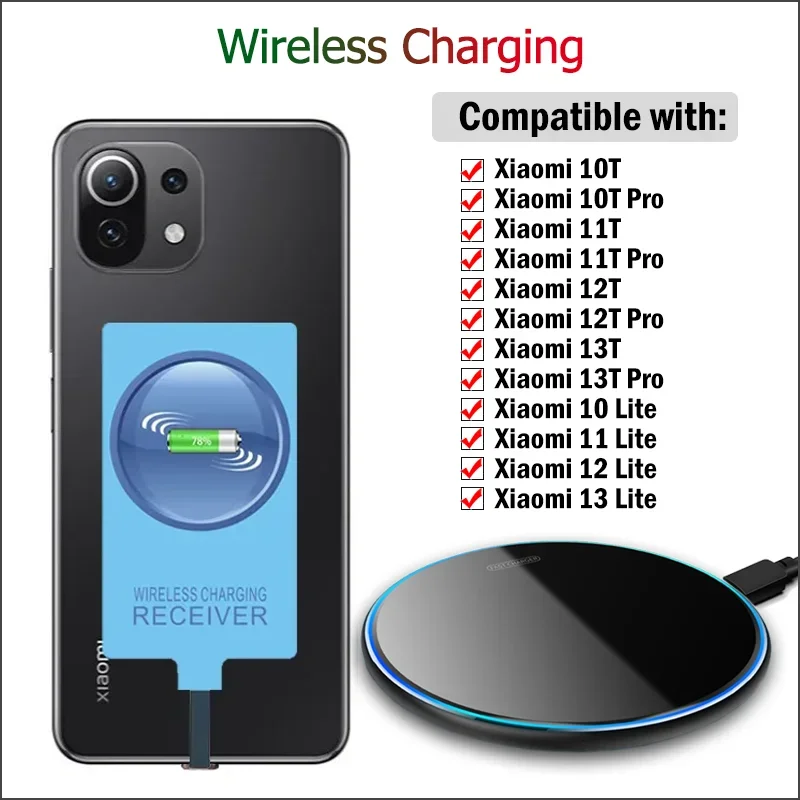 Wireless Charging for Xiaomi Mi 9T 10T 11T 12T 13T Pro 10 11 12 13 Lite Wireless Charger+USB Type-C Receiver Adapter