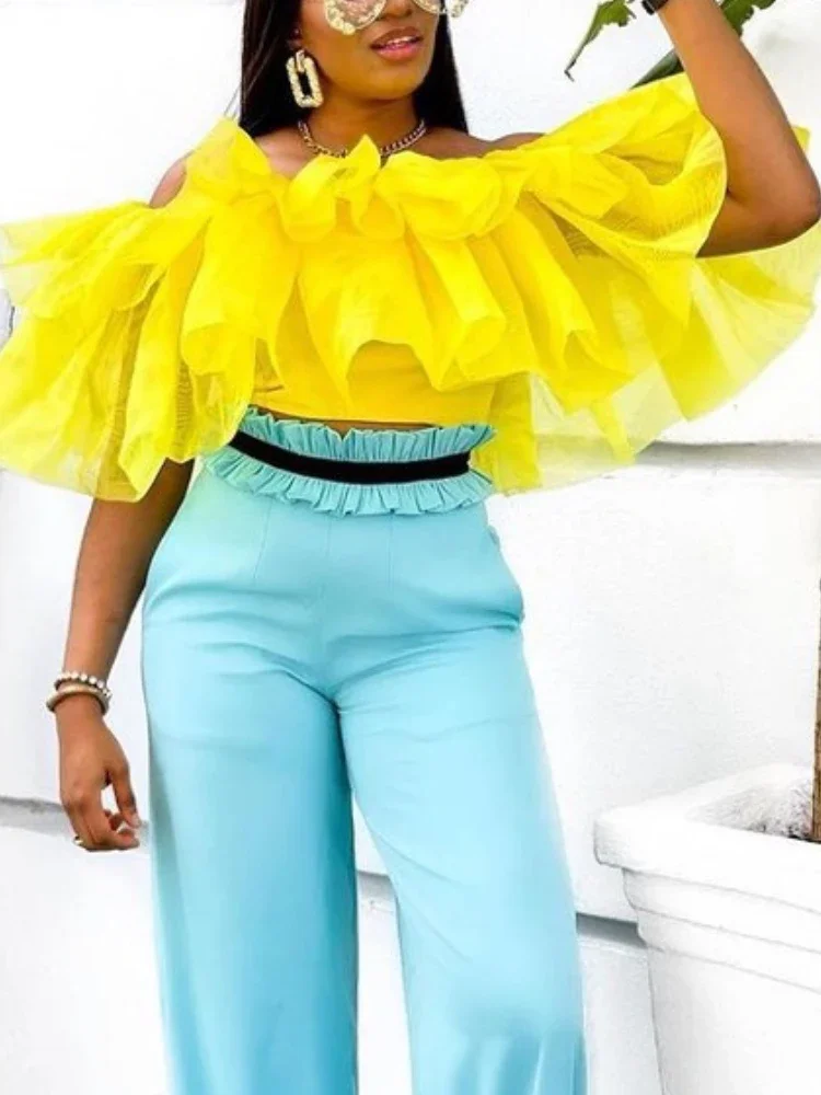 Women Blouses Off Shoulder Ruffles Pleated Yellow Summer Bright Shirt Tops Classy Elegant Lady Fashion Female African Bluas 2024