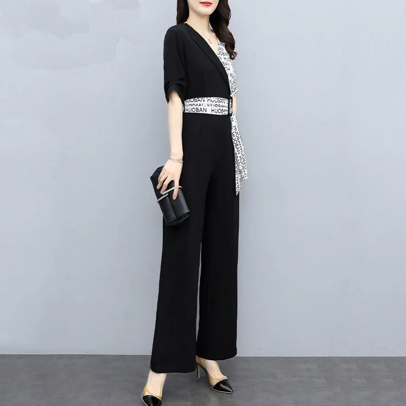 2022 Summer New Fashion Letter Printed Belt Decorative Splicing Jumpsuit Casual High Waist Wide Leg Pants Set Office Overalls