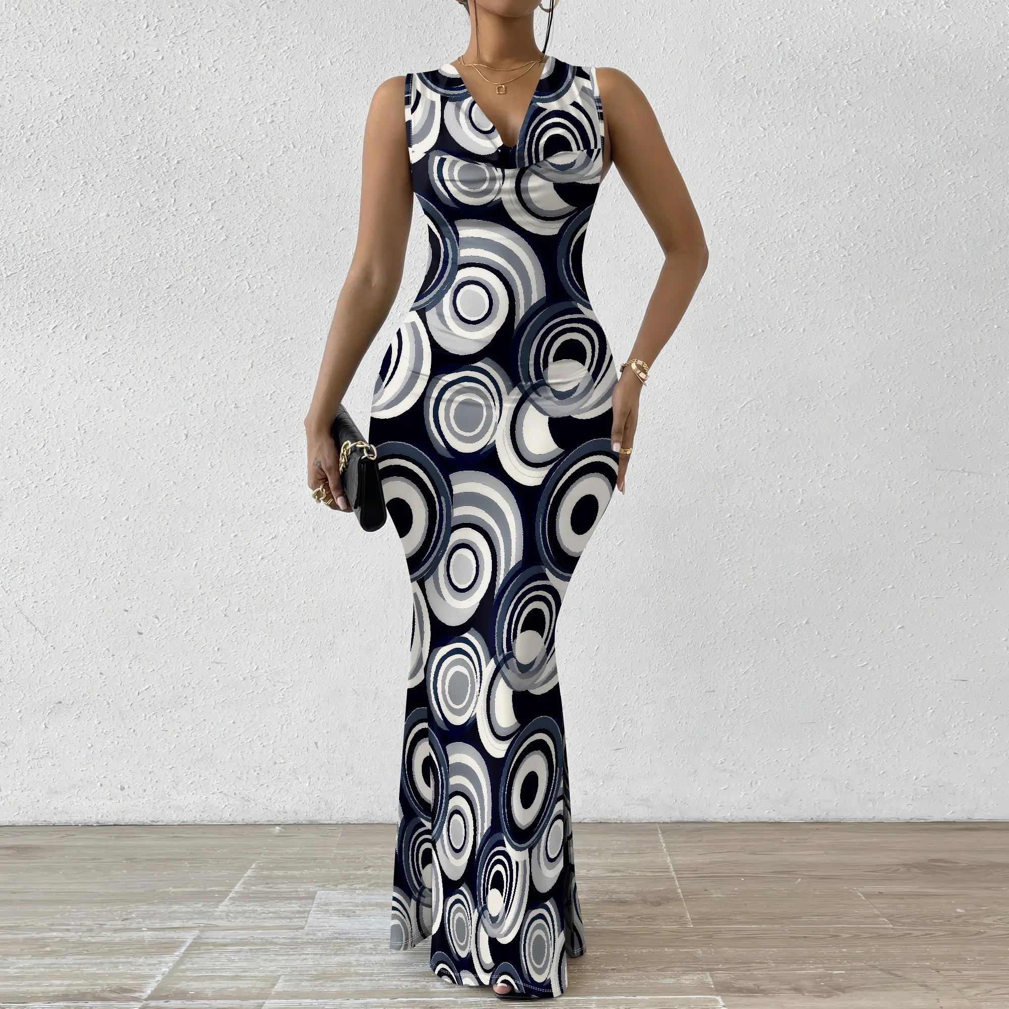

Geometric Circle Print Maxi Dress XS-2XL, Sleeveless Cowl Neck Dress for Women, Chic and Stylish for Evening & Party Wear