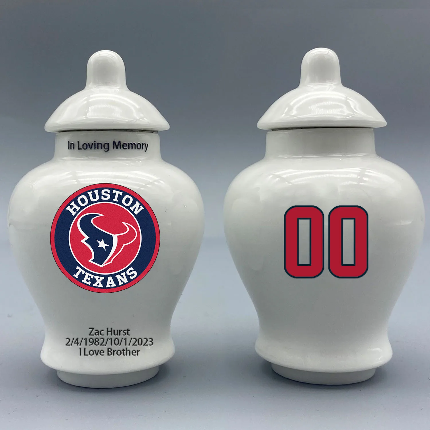 

Mini Urn for Houston Texans-themed Logo Urn.Please send me the customization information - name/date and number on the urn