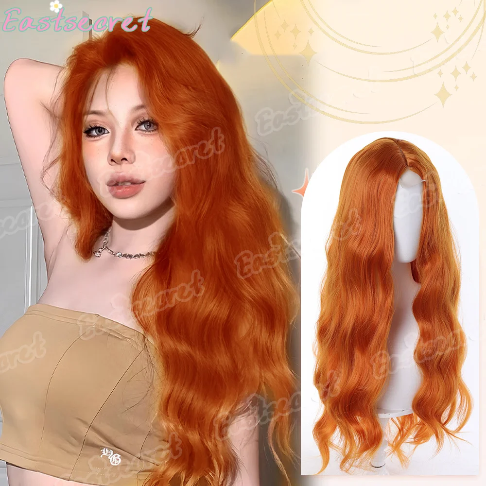 

EAST New fashion orange synthetic wig with fringe long curly hair festival daily wig high temperature silk full head cover