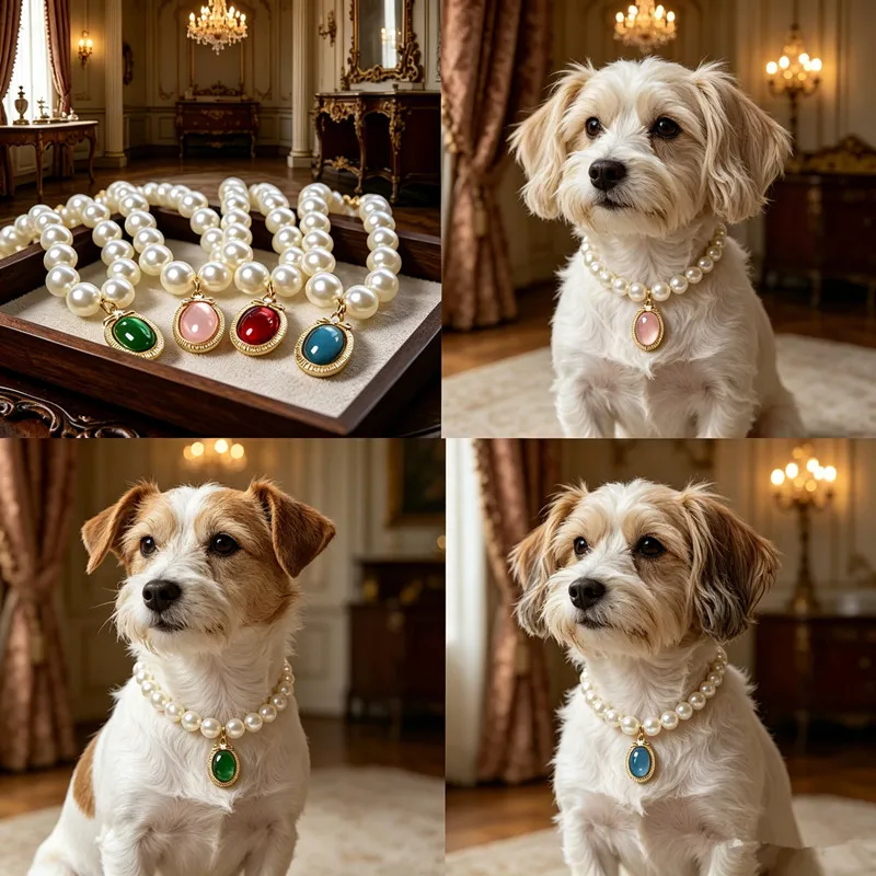 Vintage Gem Pendant Pet Necklace Adjustable Macaron Color Faux Pearl Dog Cat Collar Elegant Luxury Pet Jewelry
