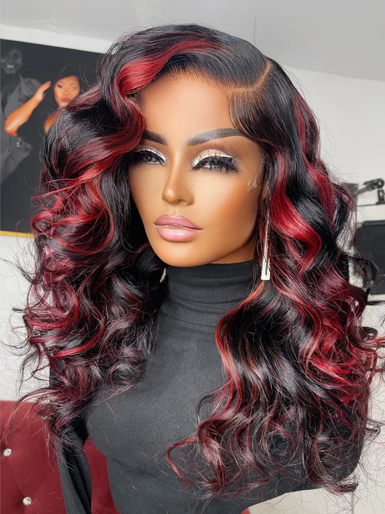 Burgundy Body Wave Lace Front Wig13X6 HD Lace Frontal Wig Red Highlight Wig Human Hair Colored Lace Closure Wigs 12-32Inch