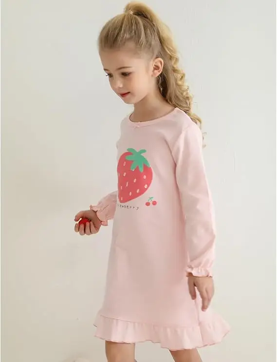 Little Hand Toddler Girl Nightgowns Dresses Long Sleeve Sleep Dress Sleepwear White Pink Cotton Clothes for Kids Size for 3-10Y