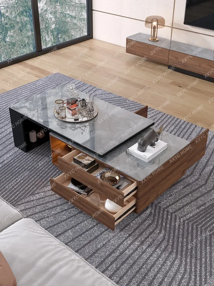 Slate Coffee Table TV Cabinet Combination Modern Minimalist Walnut Color Coffee Table