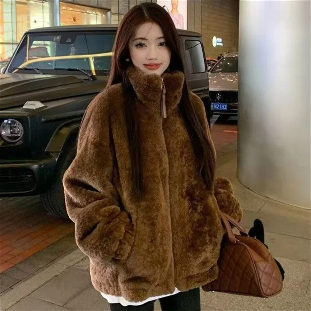 Women Thicken Overcoat Clothes Autumn Winter Loose Women's Solid High Neck Female Lamb Wool Jackets Korean Vintage Cashmere