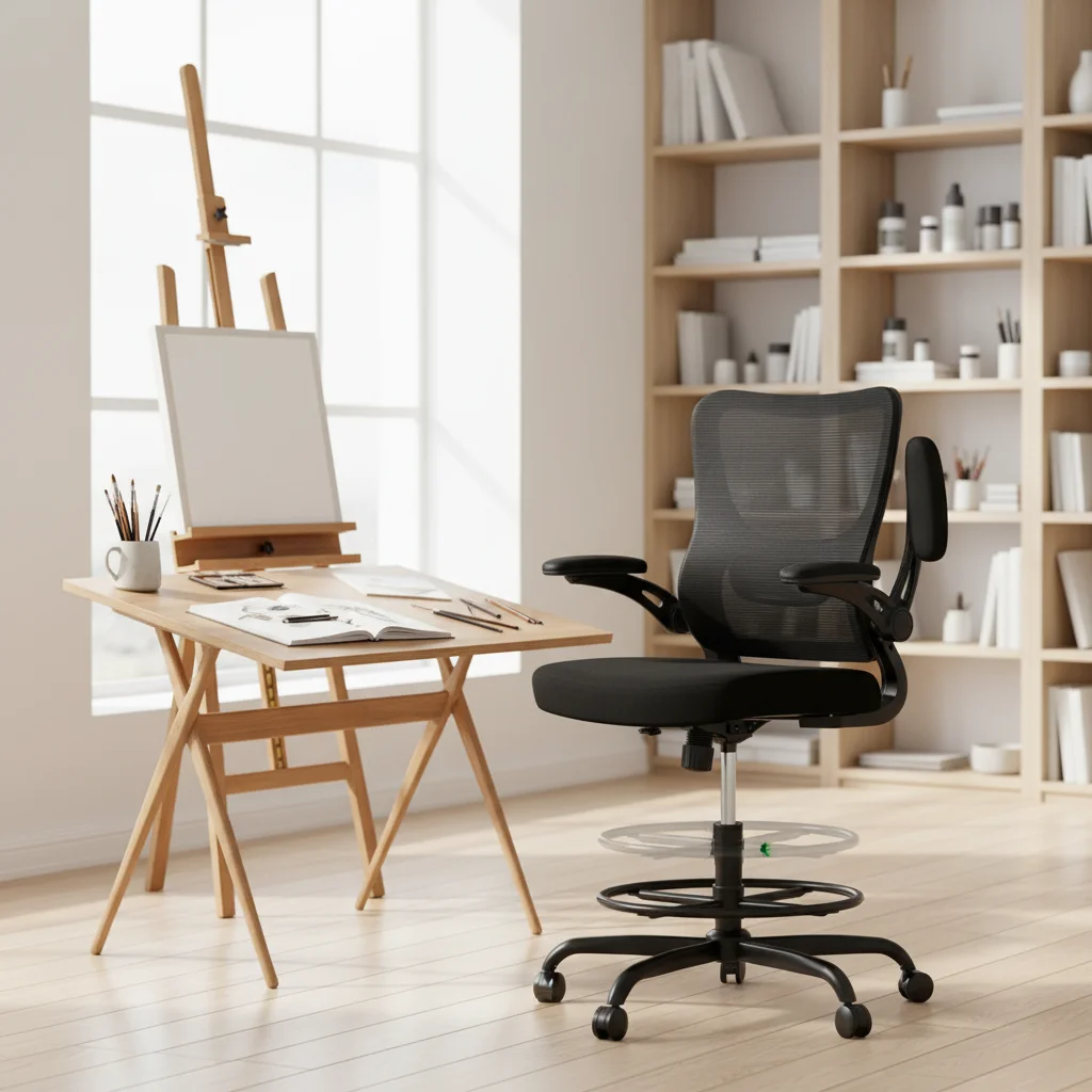 2026 Ergonomic Office Drafting Chair-Adjustable Height Flip-Up Arms Steel Legs Hard Floor Surface Nylon Mesh Coverpromote sales