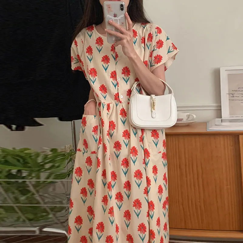 Vestido Midi Coreano de Verão com Estampa Floral Chique, Solto e Casual, com Design de Bolso e Manga Voadora, Cintura Alta, p...