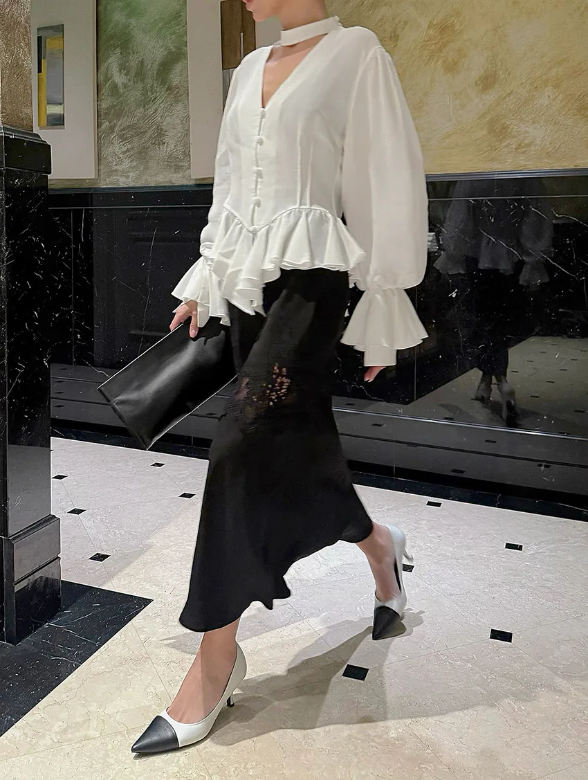 Chemise à manches longues pour femmes, coupe cintrée, nouveau Style Palace, bord de feuille de Lotus, manches lanternes, col en v, printemps et automne