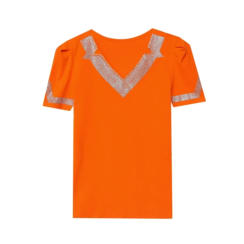 Damska koszulka T-shirt modna dekolt V Hot Diamond siateczkowe topy M-3XL Bluzki odzież nowa kolekcja lato 2025 krótki rękaw