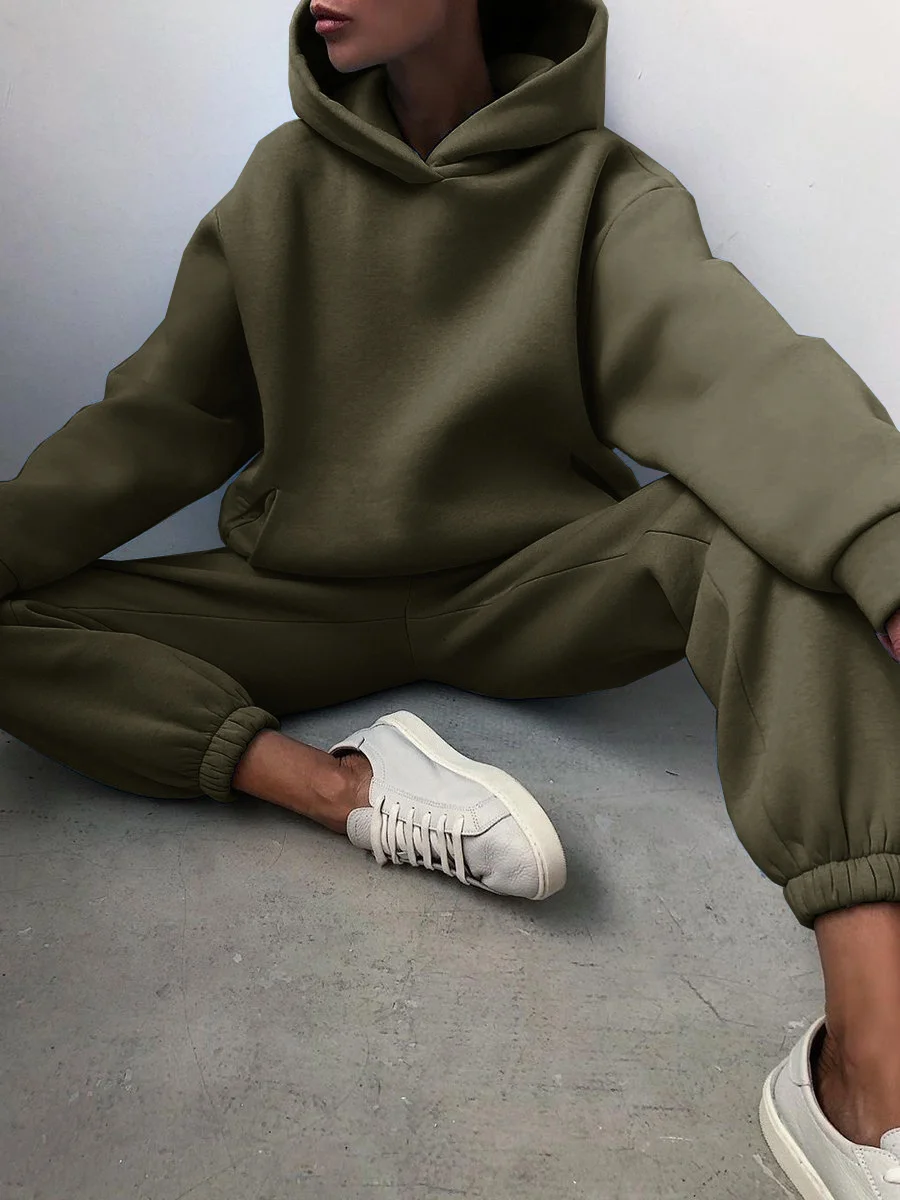 2026 Trend Lässige Mode Verdickter Langarm-Pullover und Hose Zweiteiliges Set mit Kappe für Damen – Detail 5
