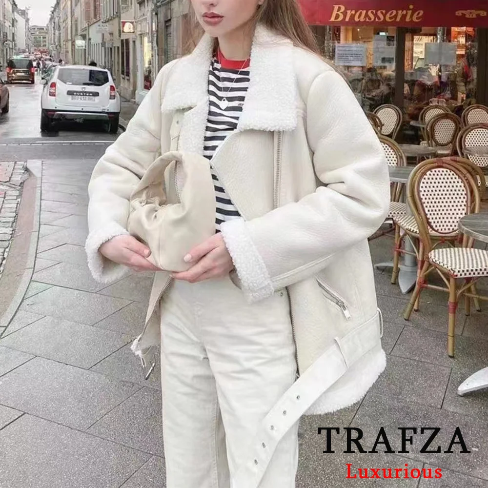 TRAFZA Casual Rabbit Fur Leather Jackets Women Long Sleeve Zipper Sashes Long Coats Fashion 2024 Autumn Winter Thick Luxury Coat