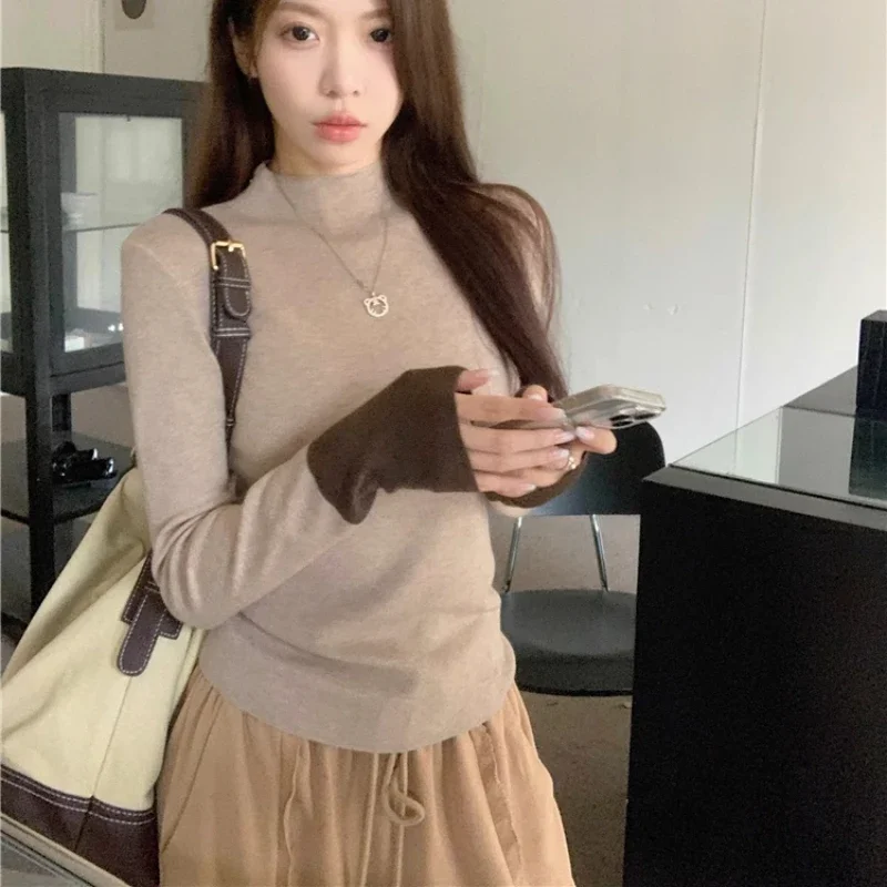 Long Sleeve Knitted Pullovers Women Slim Casual Contrast Color All-match Basic Streetwear Tender Autumn Korean Style Temper