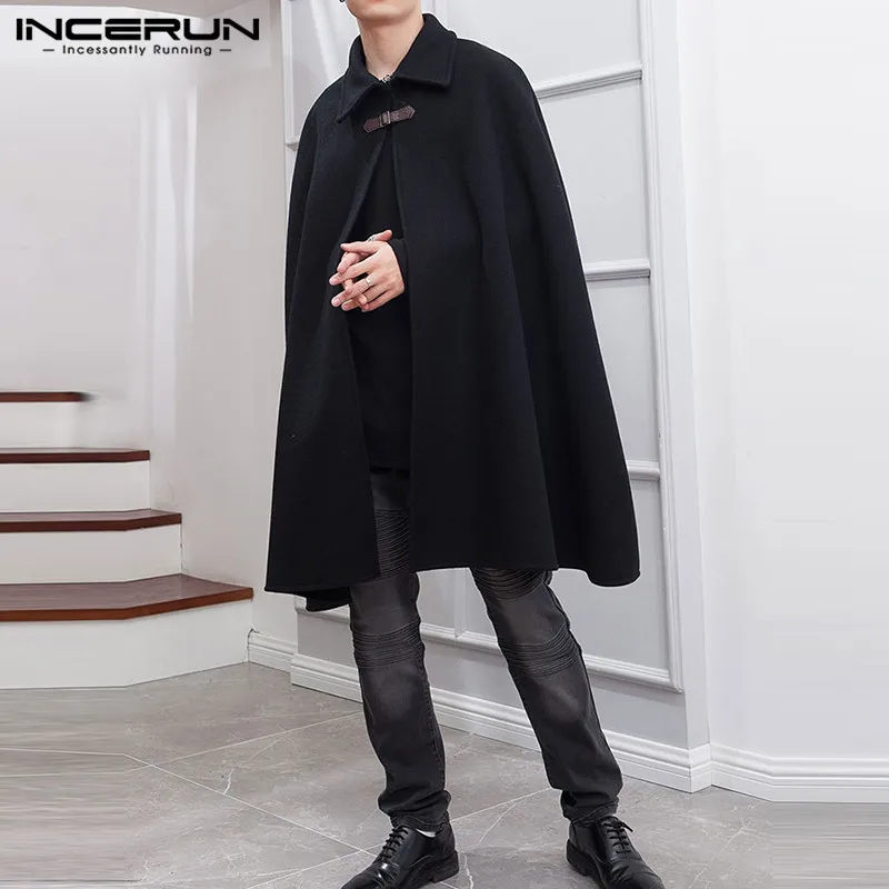 INCERUN Fashion Men Cloak Coats Lapel Solid Color One Button Cape Trench Streetwear 2023 Casual Male Overcoats Ponchose S-5XL