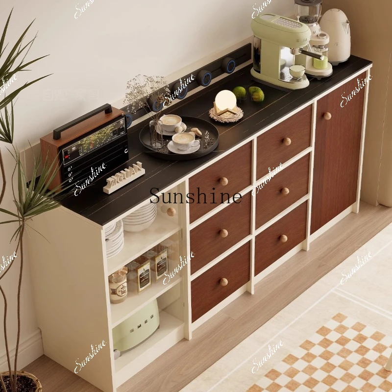 Glass door dining side cabinet retro storage bucket cabinet multi-functional rock slab countertop FT