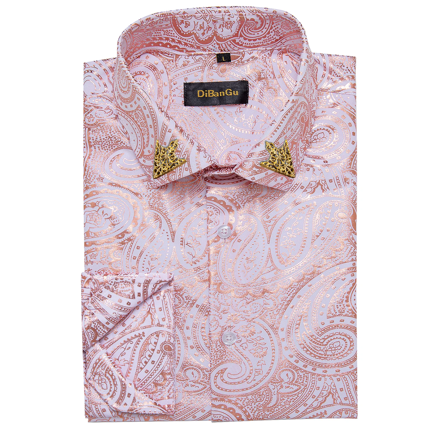 Shiny Pattern Shirt for Men, Gold Foil Paisley Long Sleeve Slim Button Down with Collar Pin, Multi Colors