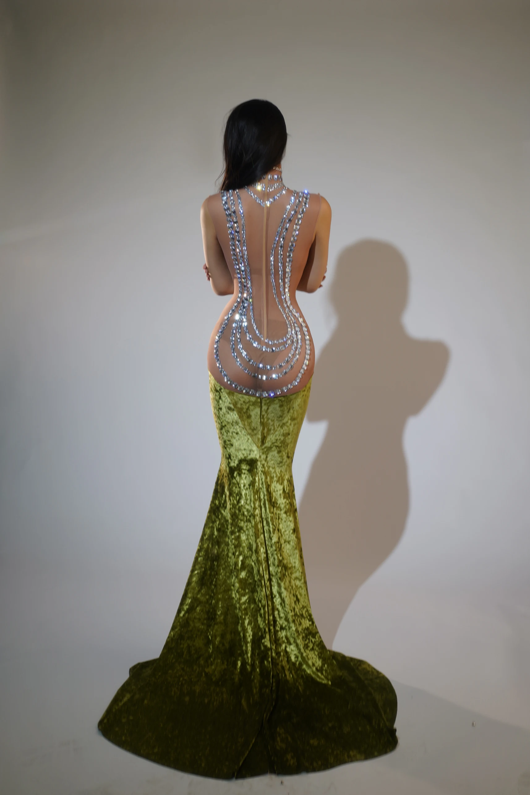 Sparkly Rhinestones Green Velvet Luxury Evening Dresses Women sexy mesh See through party Gala Stage  Mermaid long Prom Gowns