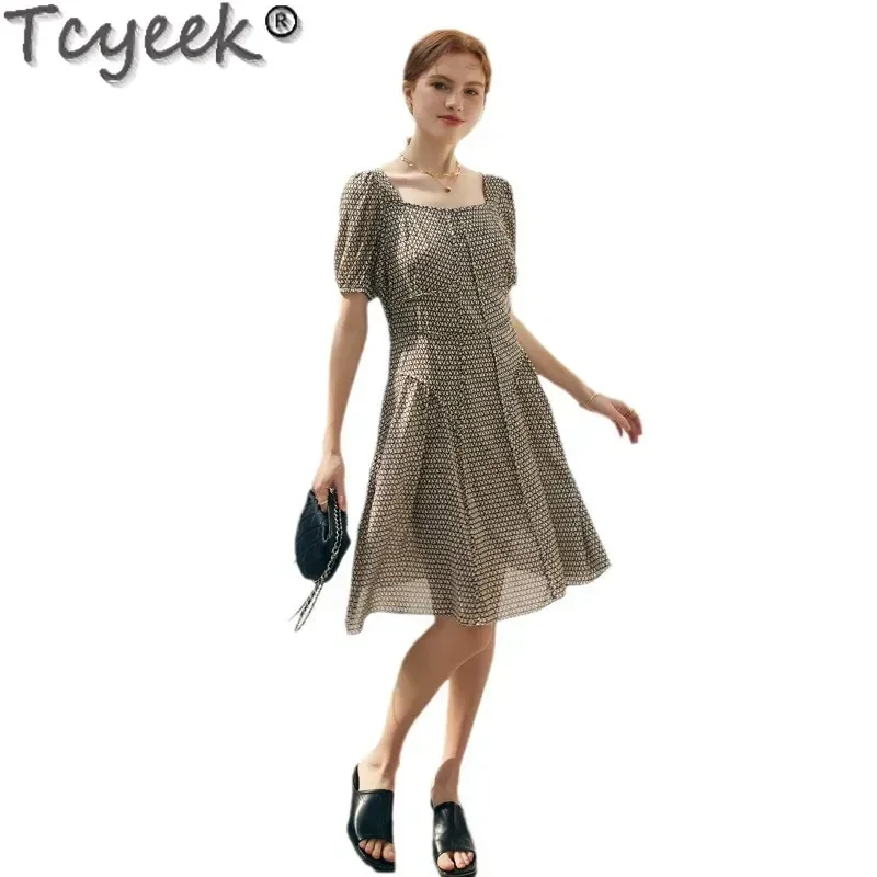 Tcyeek 100% Mulberry Silk Dresses for Women 2024 Short Sleeve Dress Summer Clothes Elegant Women's Dresses Plaid Платье Женско