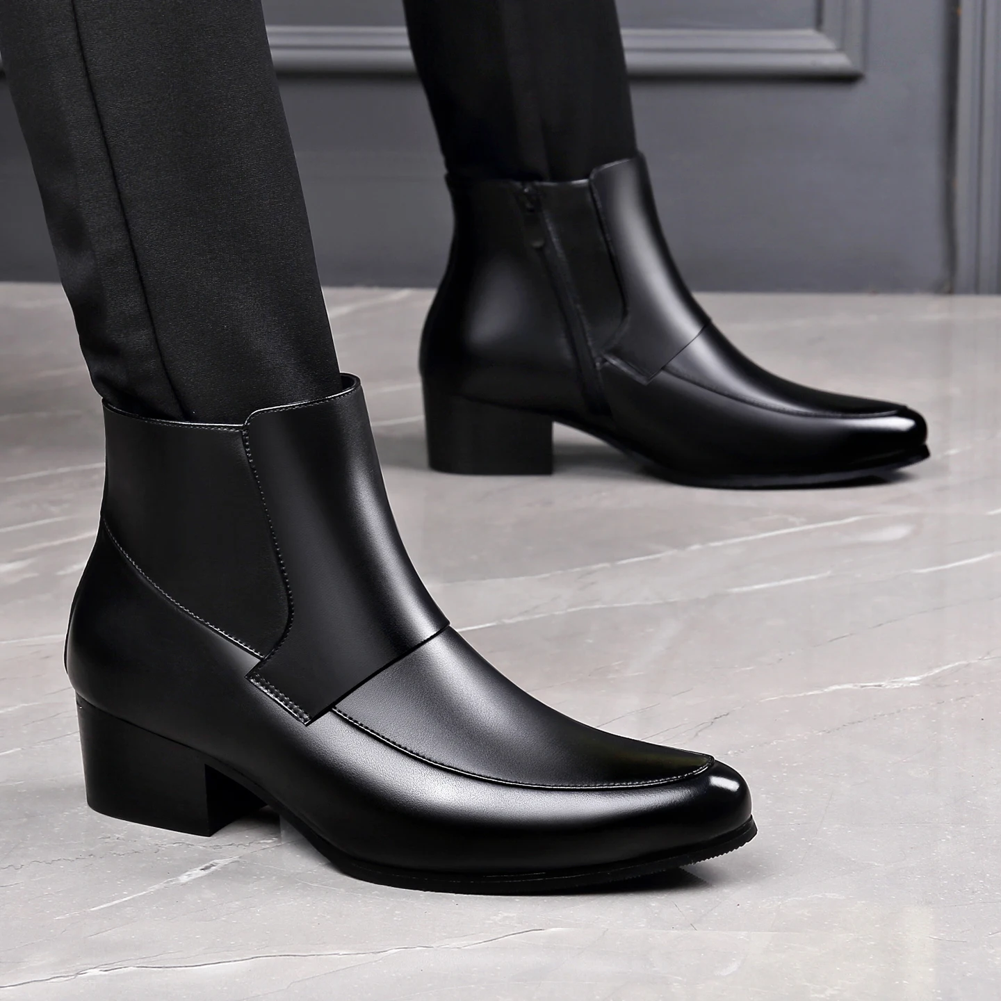 أحذية تشيلسي المدببة للرجال من الصوف الدافئ بسحاب جانبي لزيادة ارتفاع الأعمال من الجلد للرجال دراجة نارية قصيرة باللون الأسود الفاخر #1