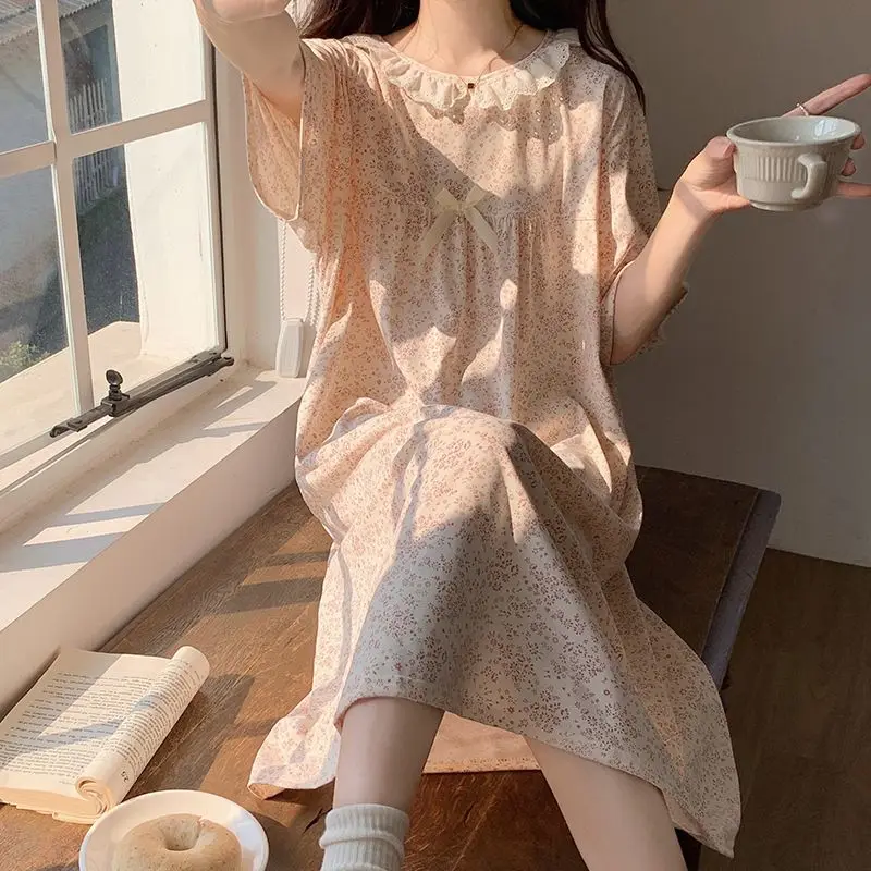 Plaid Women Nightgown Sleepwear Lace Short Sleeve Night Dress Summer Bow Night Wears Bow Korean Style One Piece Pajamas 2024 New