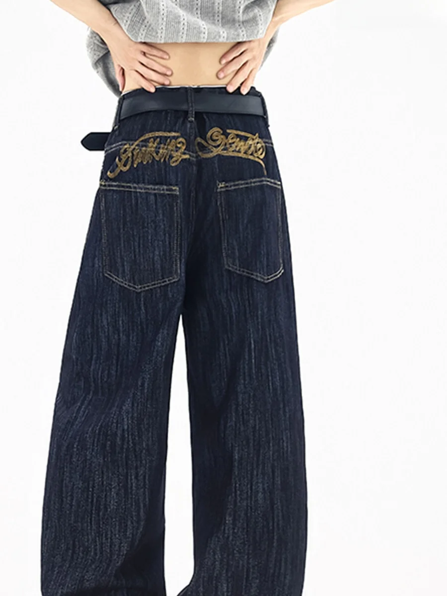 Calças Jeans com Bordado American Letter para Homens e Mulheres, Design de Verão High Street, Calças Largas de Algodão e Poli...