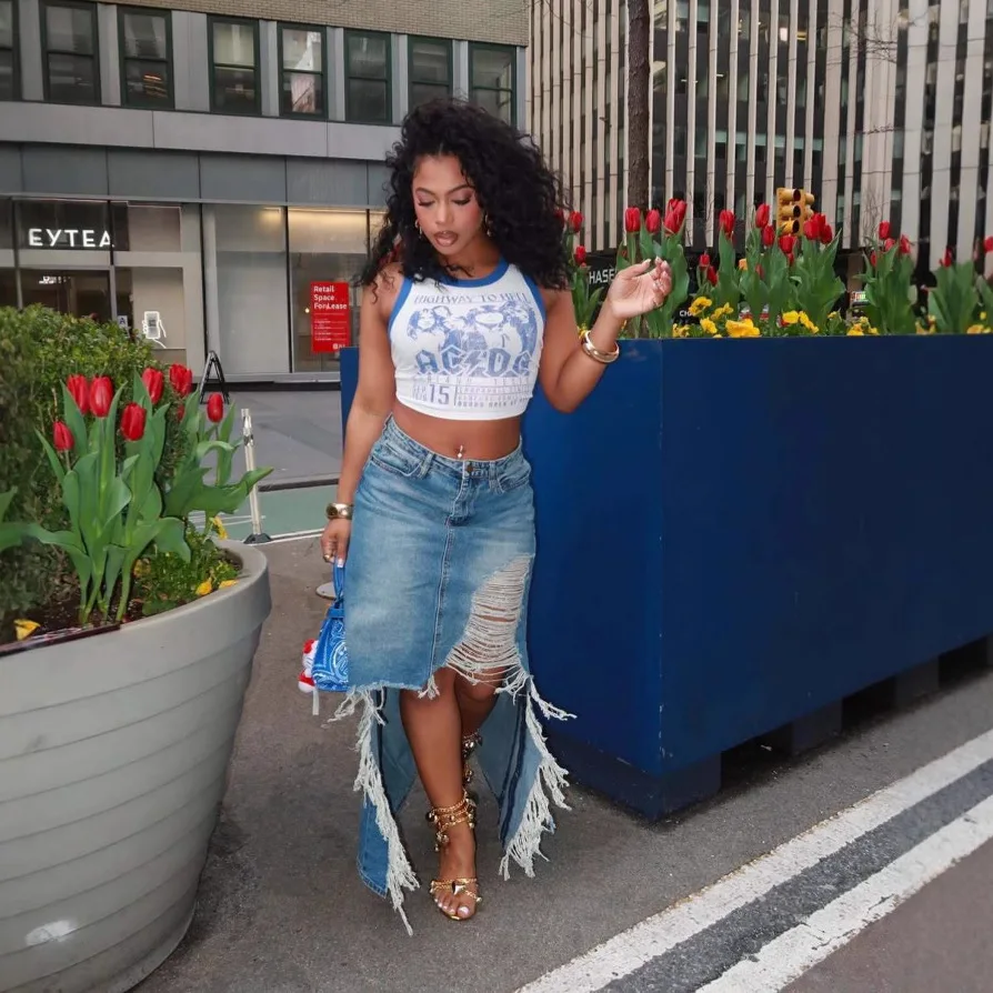 Europa Amerika 2025, zomer nieuwe hoge taille ruwe rand gescheurd gat oude split heuprok