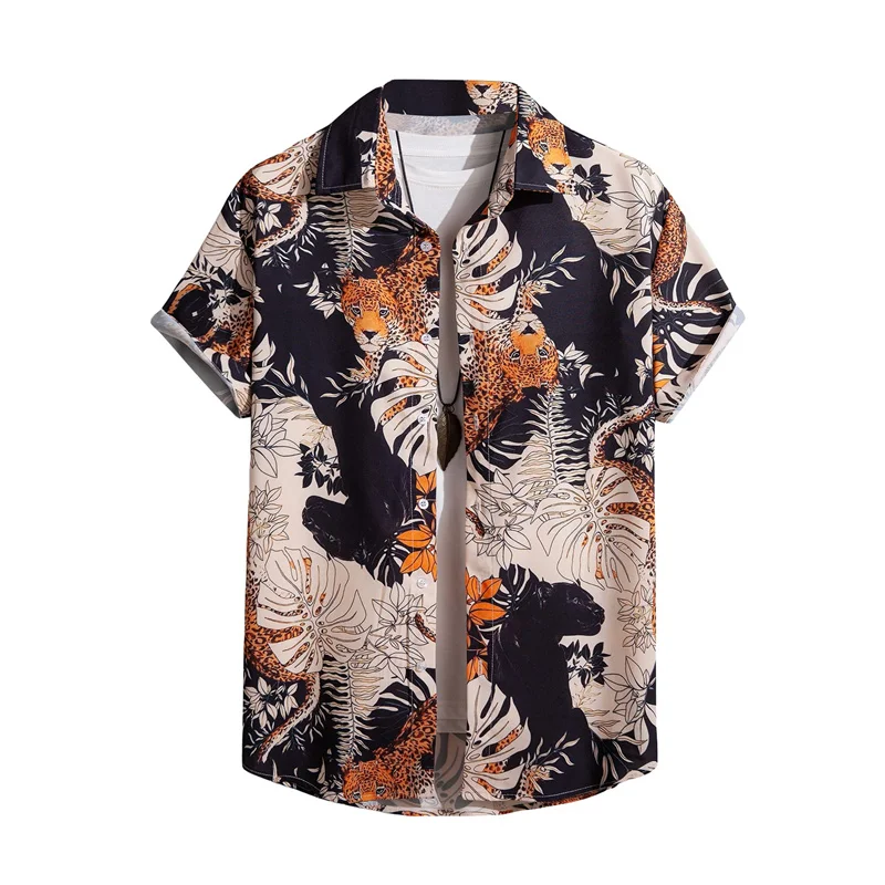 3D Print Leopard Flower Leaf Hawaiian Shirts For Men Plants Animals Patterns Blouse Summer Short Sleeves Tops Loose Aloha Shirts