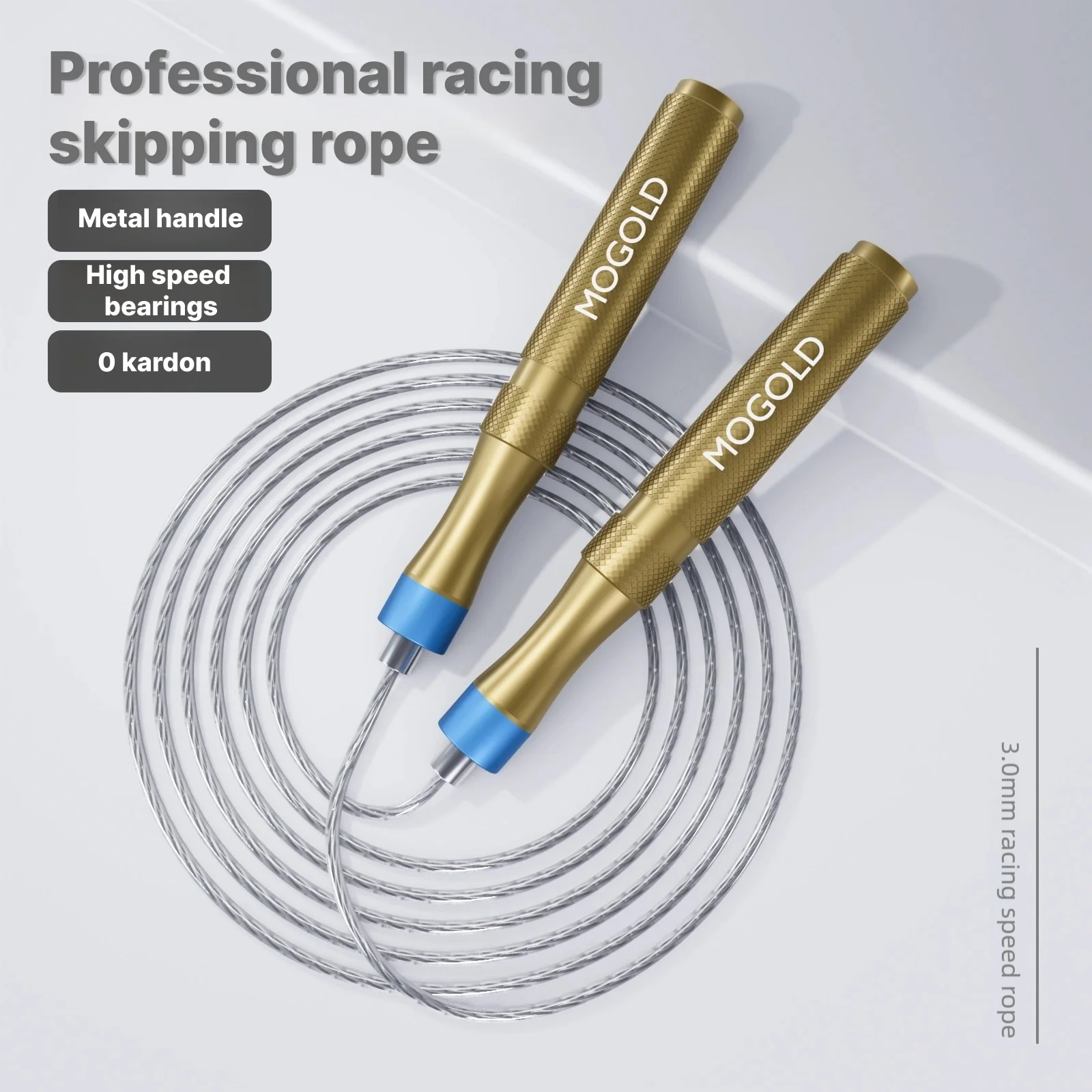حبل قفز سريع احترافي من MOGOLD مع مقابض معدنية، ومحامل عالية السرعة وتشويش صفر، وكابل سباق 3.0 مم