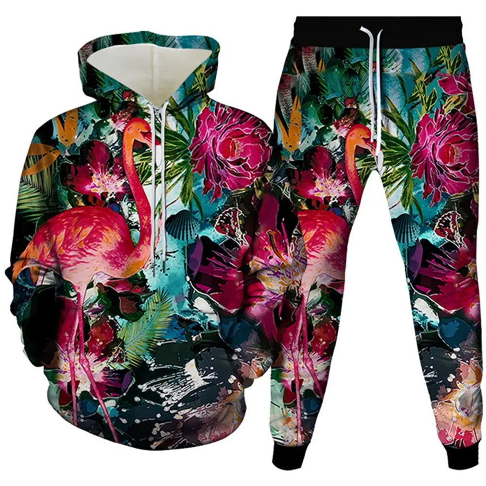 

Animal Red Flamingo Weed Flower Harajuku Style Men Clothing Suits Homme Hoodies Jogging Pants 2Pcs Sets Size SS-6XL Tracksuits