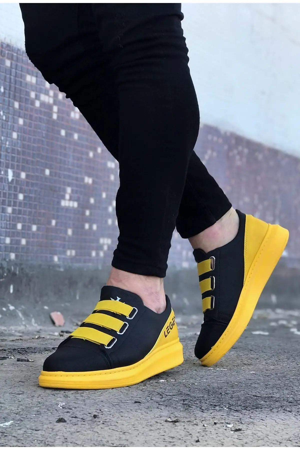 Wagon Men\'s Sneakers Sport Shoes Black Yellow Lace Up Closure Faux Leather Spring and Autumn Seasons Comfortable Slip On In 2022 Fashion Wedding