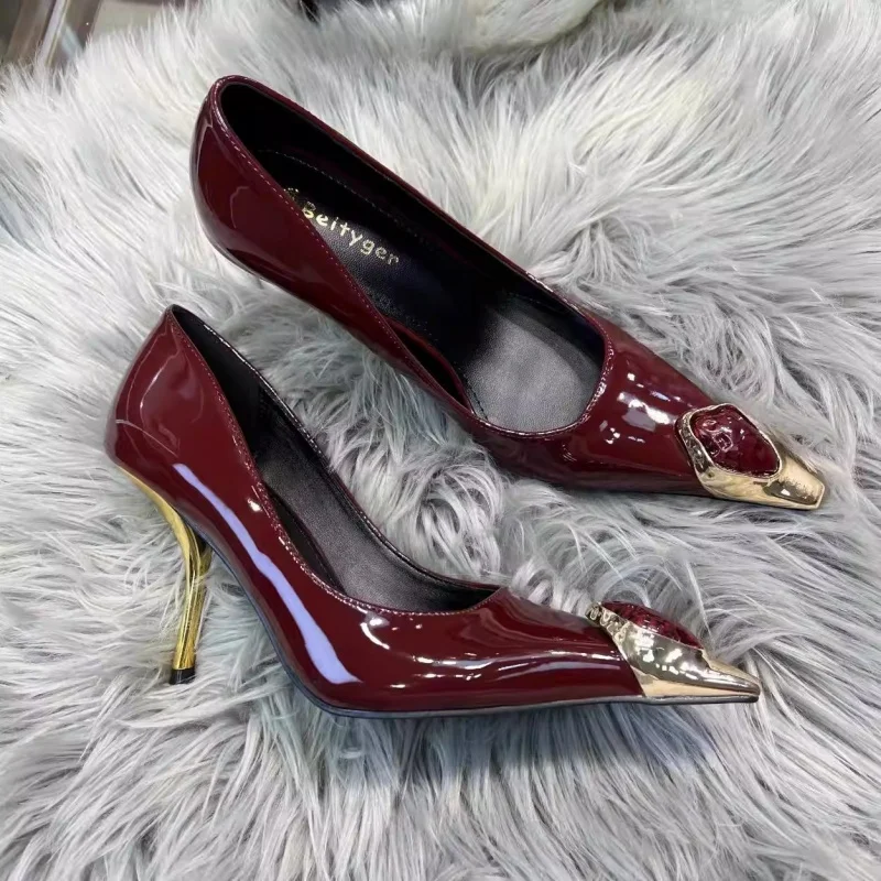 

Stiletto High Heel Women Single Shoes Wine Red Black Patent Leather French Retro Gemstone Metal Pointed Toe Single Shoes Pumps