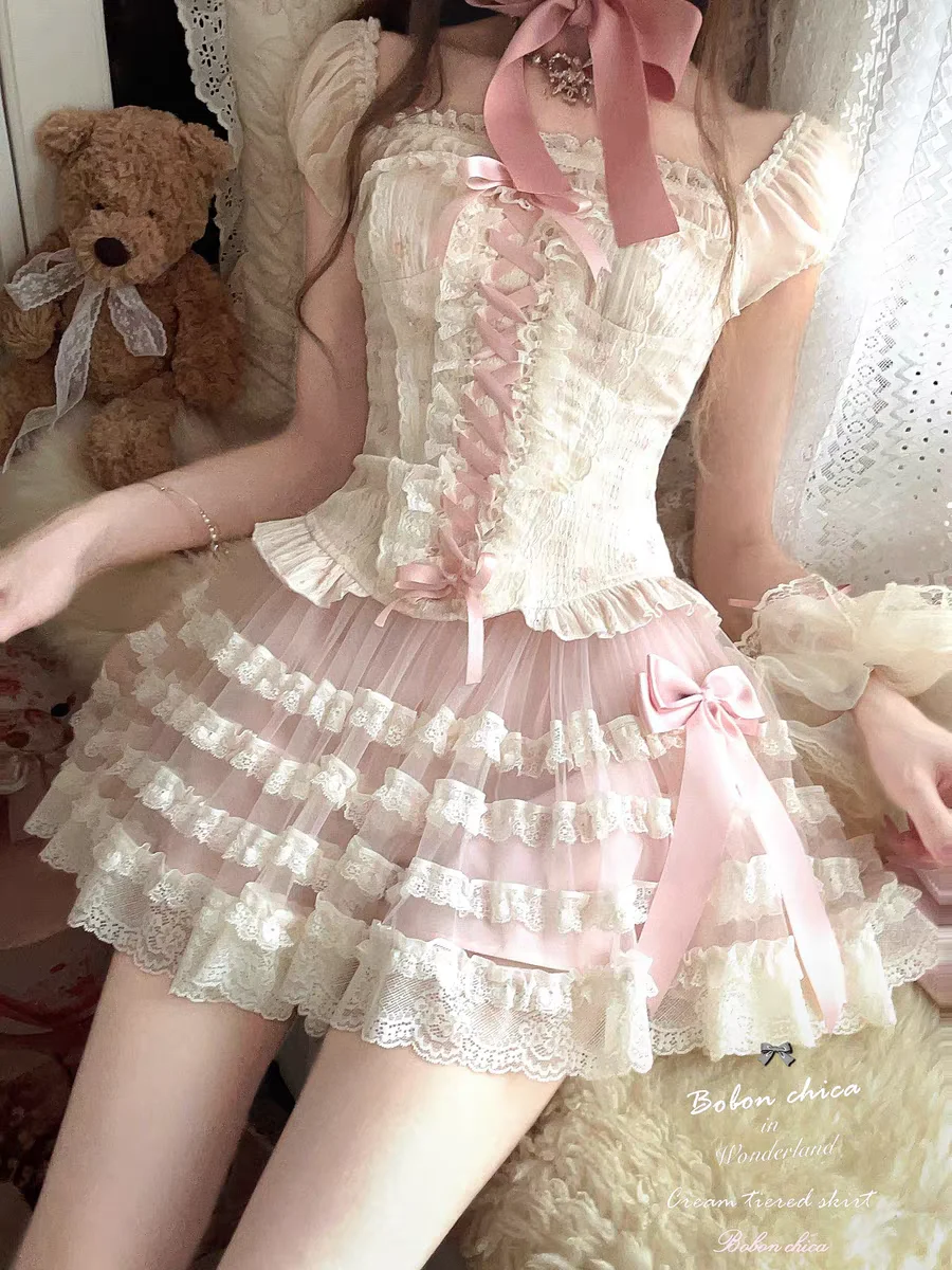 

Princess sweet lolita skirt bobon21 cute Vintage lace Cake puff skirt B2406
