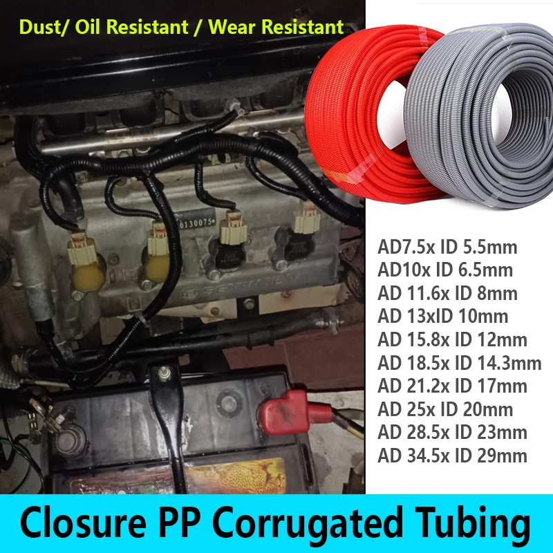 1-10M PP Corrugated Pipe Closed Mouth AD11.6mm - 25mm  Wear Resistant Cable Protector Sleeve Car Wire Harness Split Loom Tube